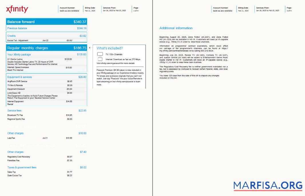 Blank USA Xfinity utility bill template in Word and PDF formats, 4 pages, version 2, 3 4 pages